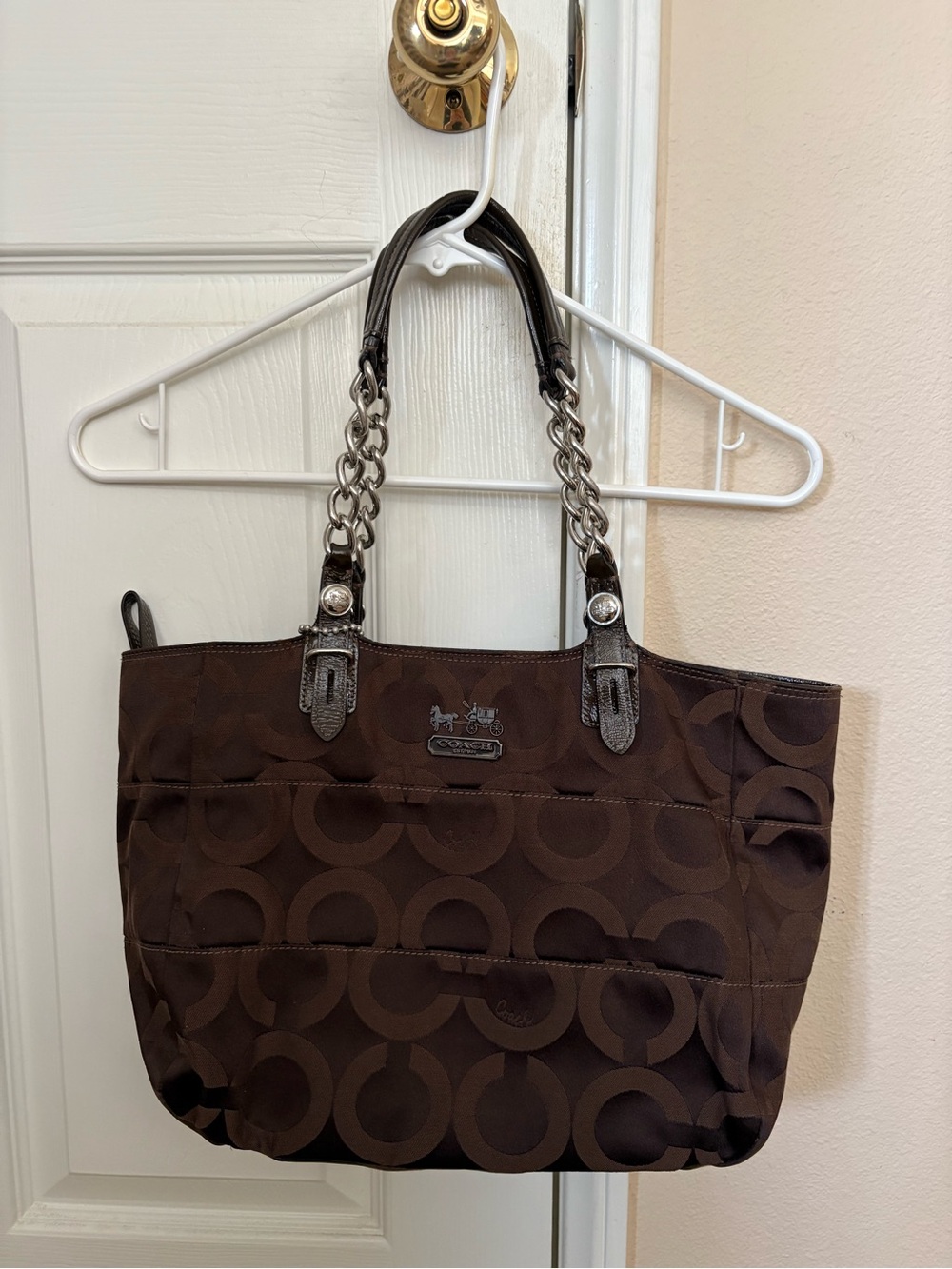 Coach Brown Signature Canvas Tote Bag Chain Link Handles